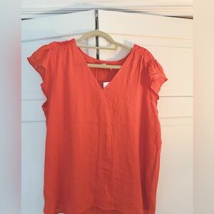 LOFT Hot Coral Flutter Shoulder Embroidered Short Sleeve